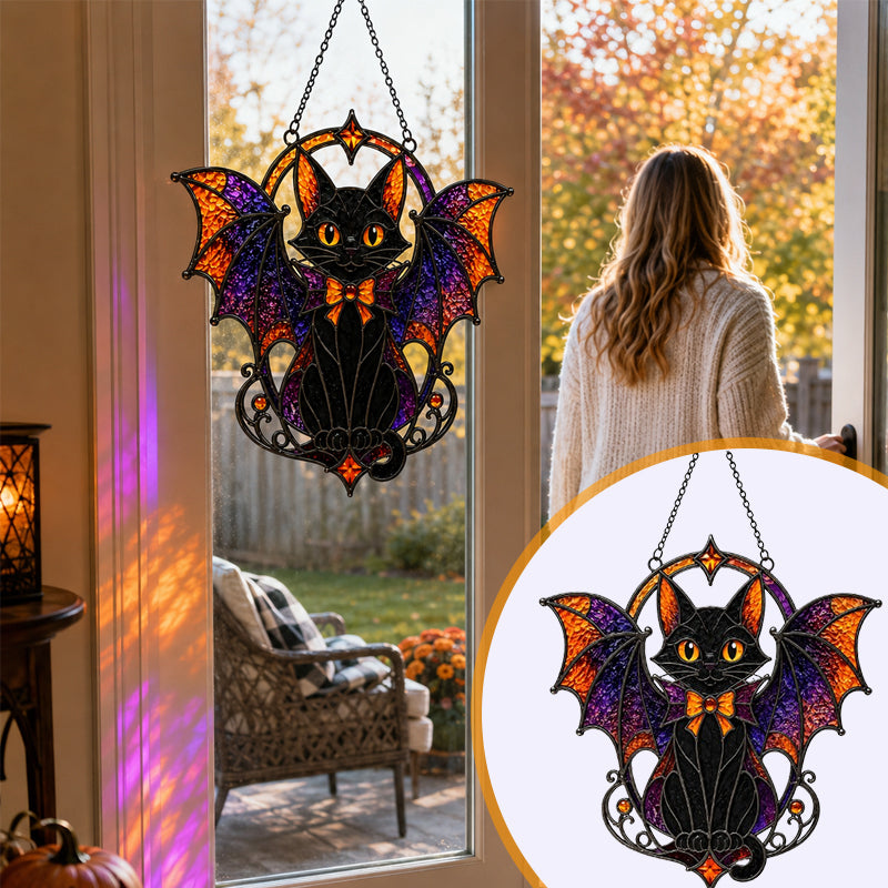Halloween Bat Cat Stained Glass Suncatcher β Gothic Window Hanging Decor