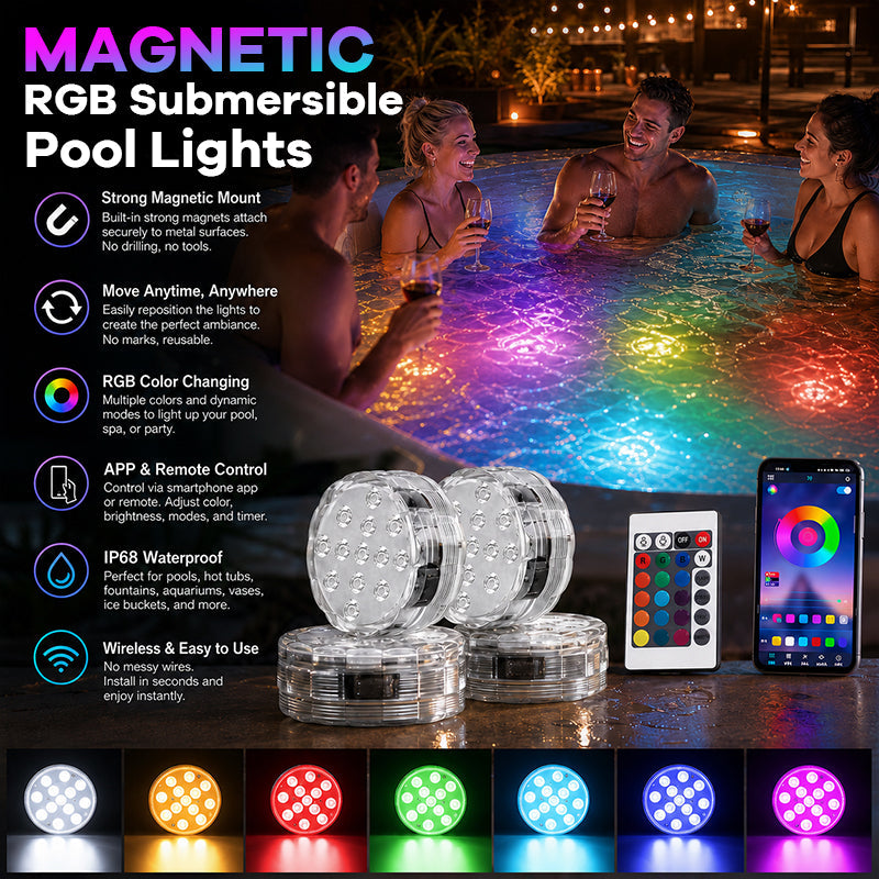 Magnetic RGB Submersible Pool Lights – APP & Remote Controlled Waterproof LED Lights