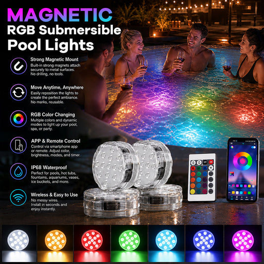 Magnetic RGB Submersible Pool Lights – APP & Remote Controlled Waterproof LED Lights