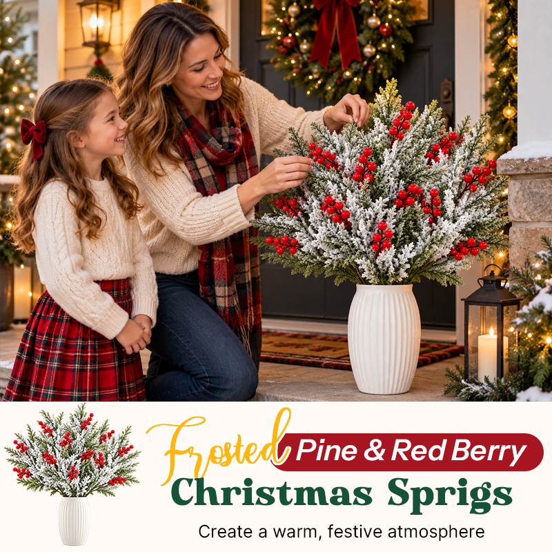 Frosted Pine and Red Berry Christmas Sprigs