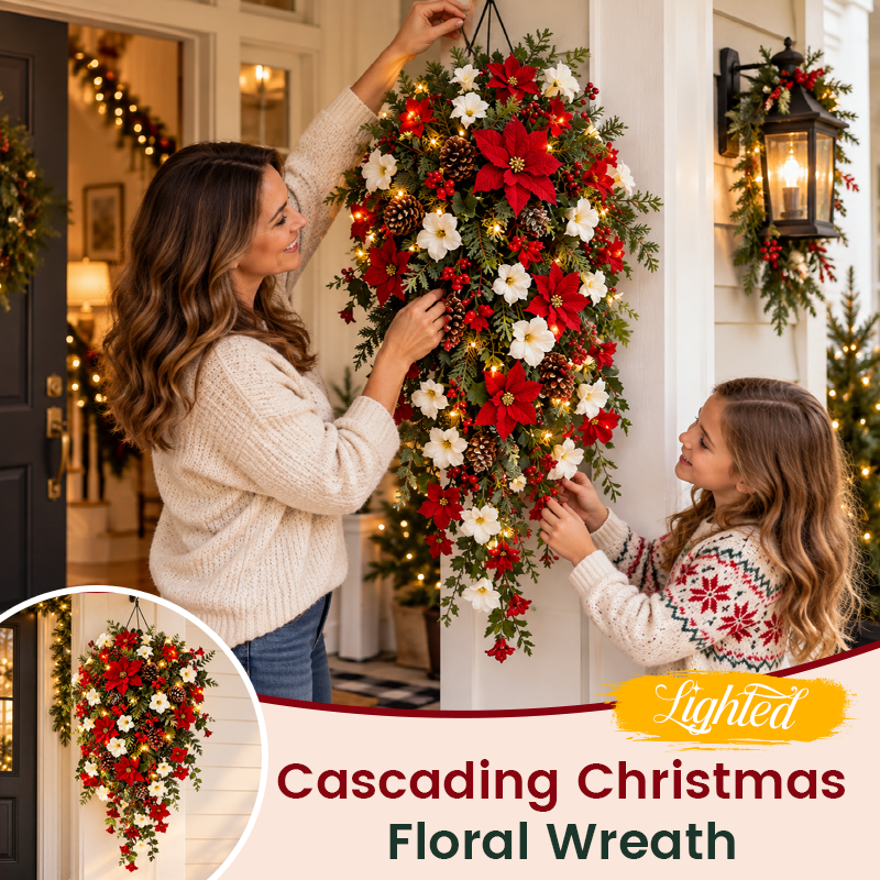 Lighted Cascading Christmas Floral Wreath