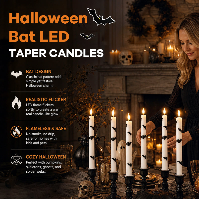 🎃 Spooky & Safe: Halloween Bat LED Taper Candles 🦇（Remote control）