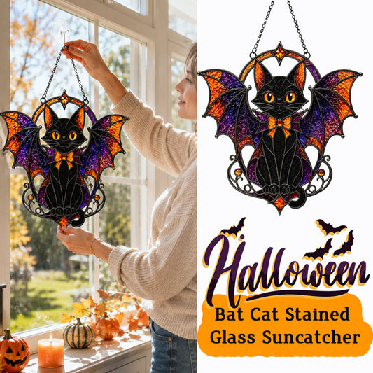 Halloween Bat Cat Stained Glass Suncatcher – Gothic Window Hanging Decor