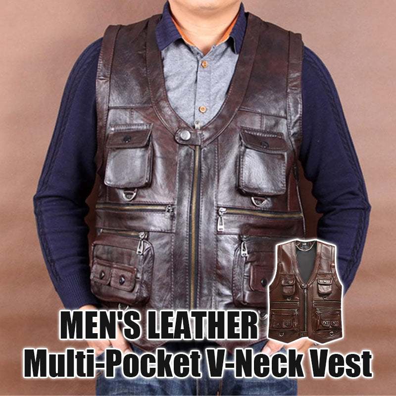 Men's Genuine Leather Multi-Pocket V-Neck Vest