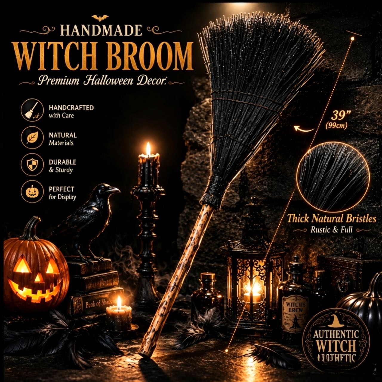 Witch's Enchanted Broom – Halloween Cosplay & Magical Decor Prop 🧙🎃🧹✨