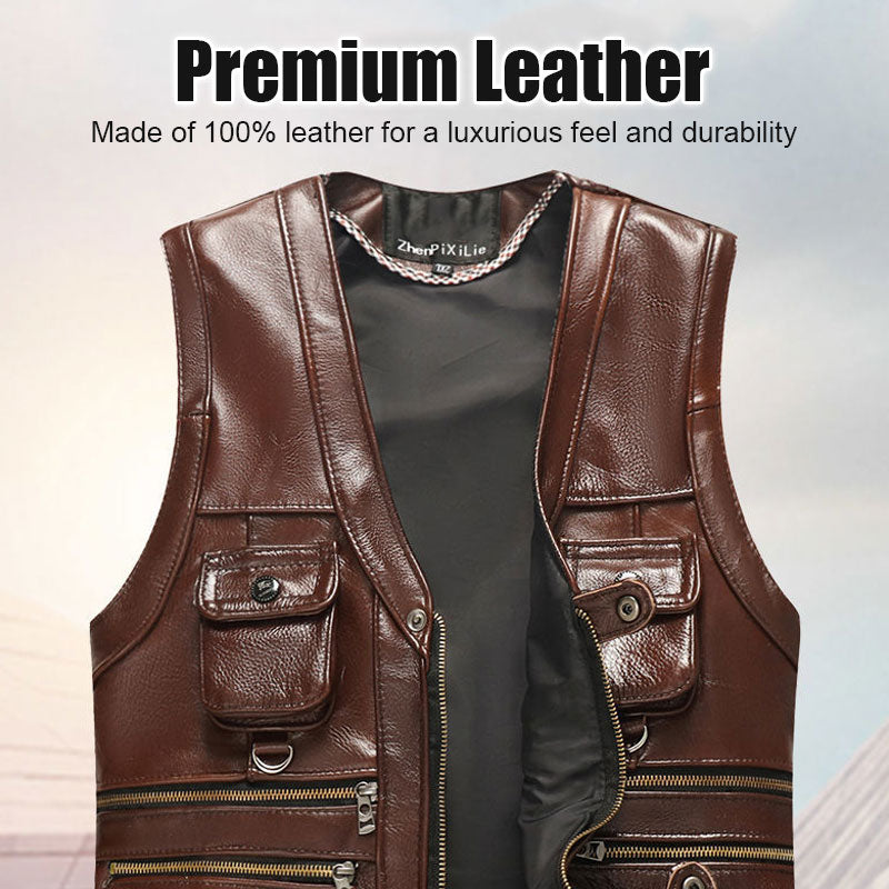 Men's Genuine Leather Multi-Pocket V-Neck Vest