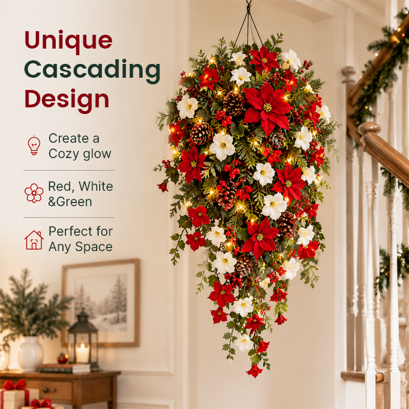Lighted Cascading Christmas Floral Wreath