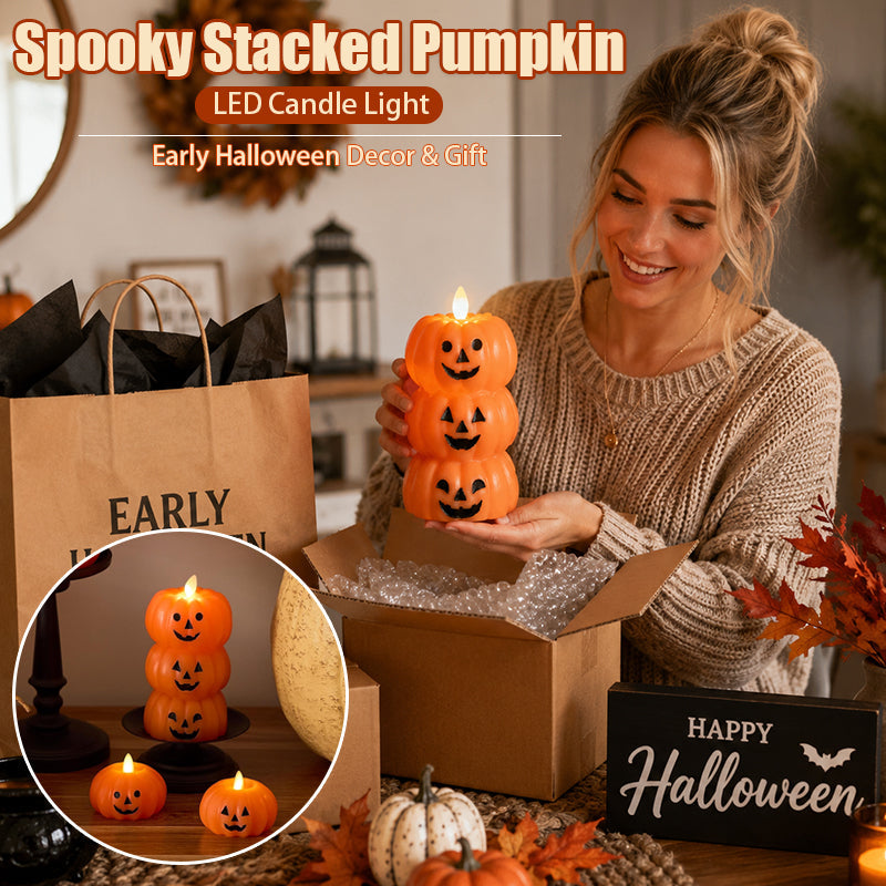 Spooky Stacked Pumpkin LED Candle Light - Early Halloween Decor & Gift