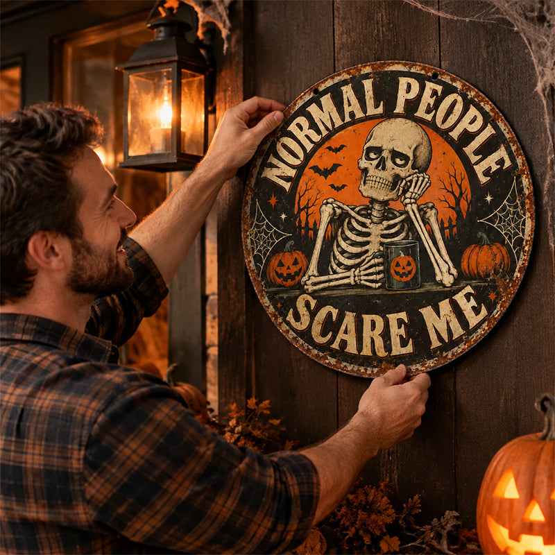 Vintage Halloween Humorous Sign – Skeleton Black Cat Dark Humor Door Decor