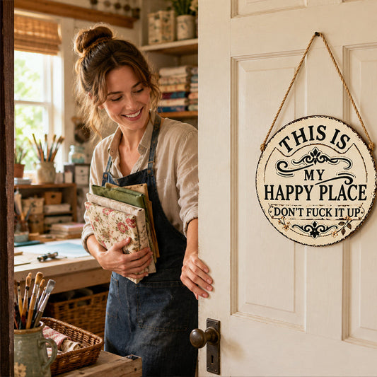Retro-rustic humorous welcome sign | "This is my happy place" round metal decorative doorplate