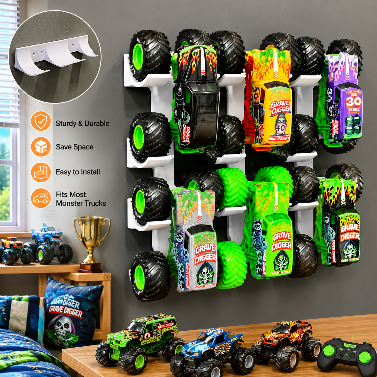 Monster Truck Wall Display Rack – Toy Vehicle Storage Organizer for Kids & Collectors