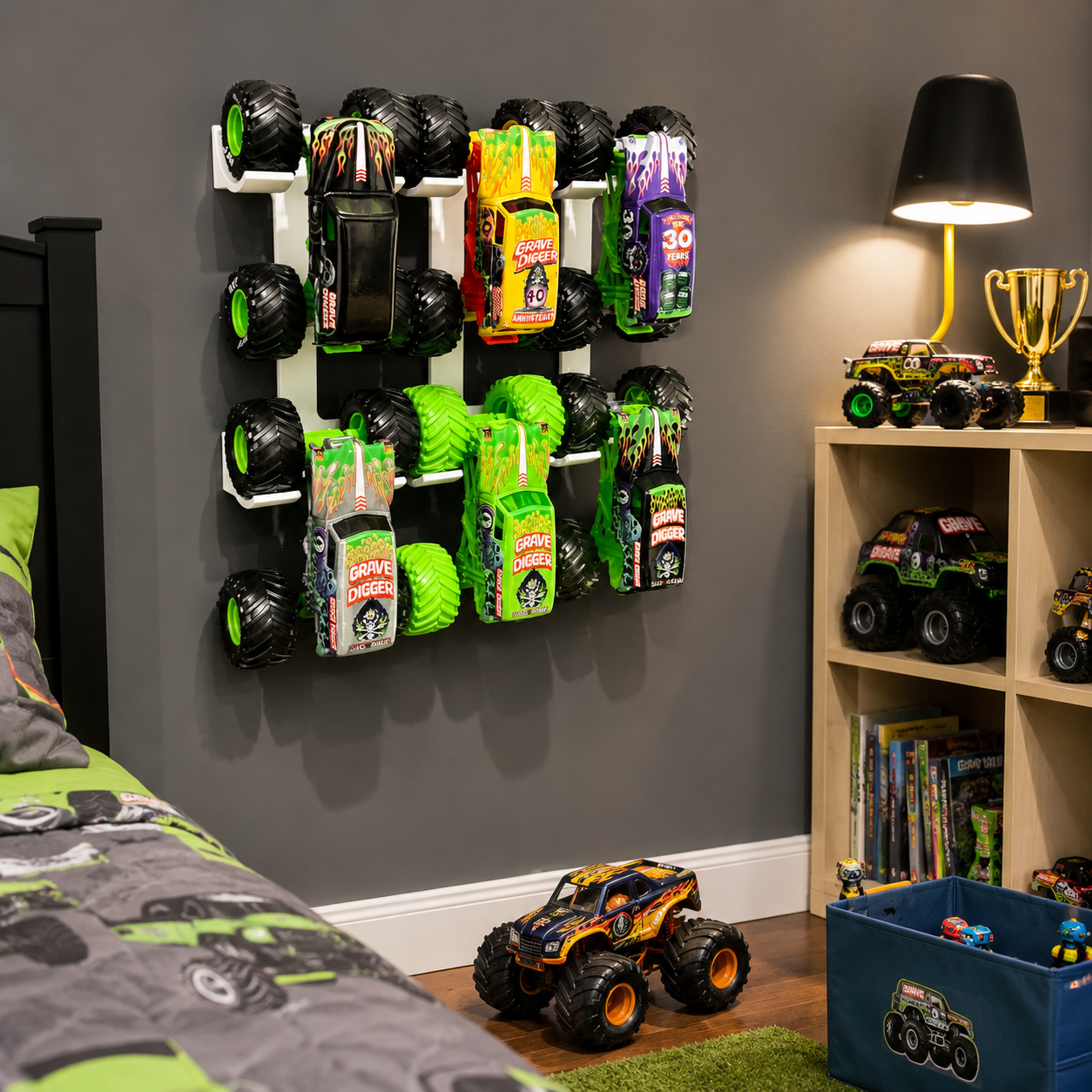 Monster Truck Wall Display Rack – Toy Vehicle Storage Organizer for Kids & Collectors