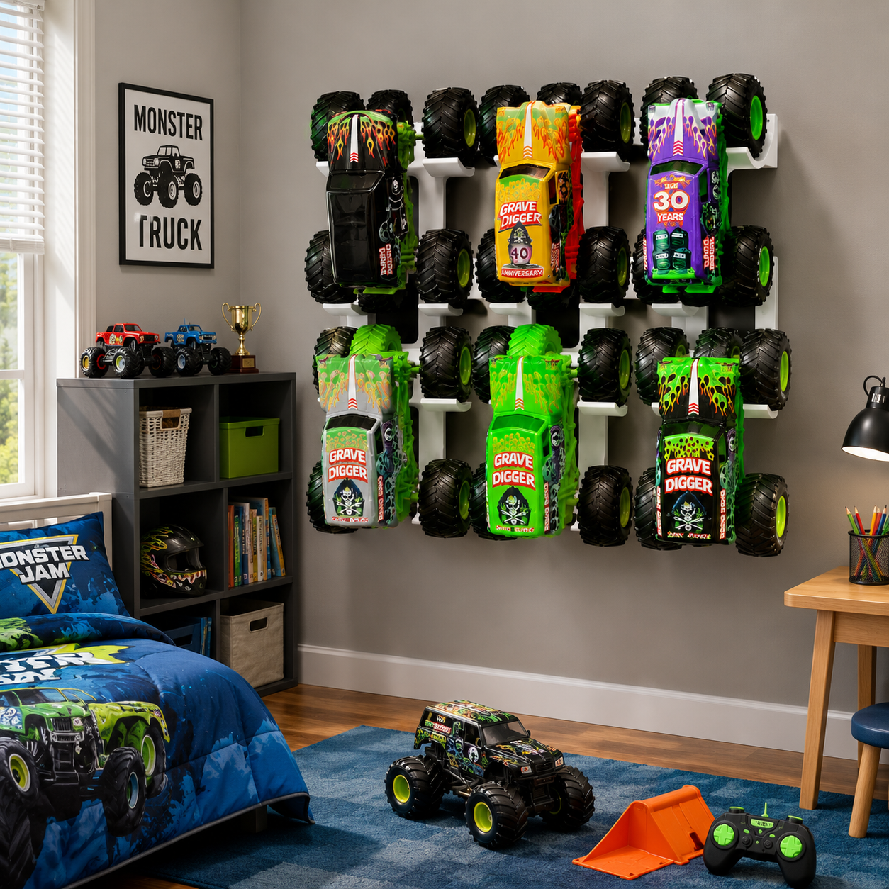 Monster Truck Wall Display Rack – Toy Vehicle Storage Organizer for Kids & Collectors