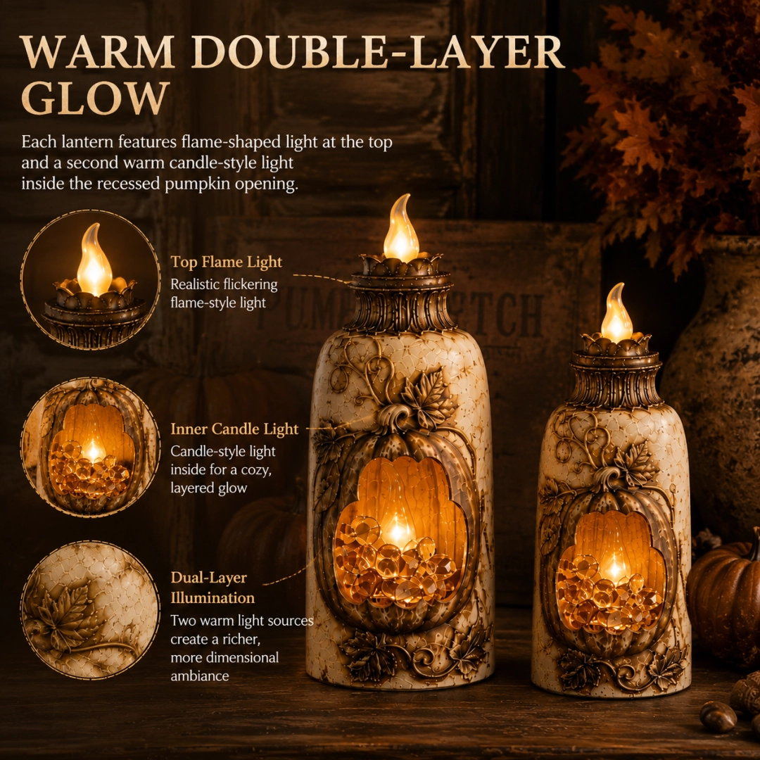Vintage Lighted Pumpkin Lantern – Distressed Farmhouse Fall Decor with Warm Amber Glow