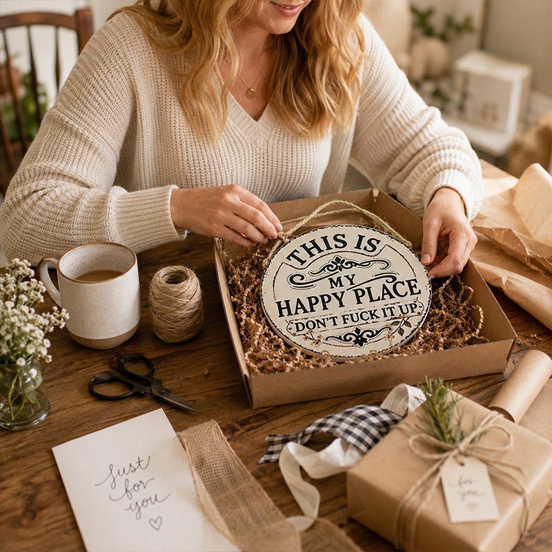 Retro-rustic humorous welcome sign | "This is my happy place" round metal decorative doorplate