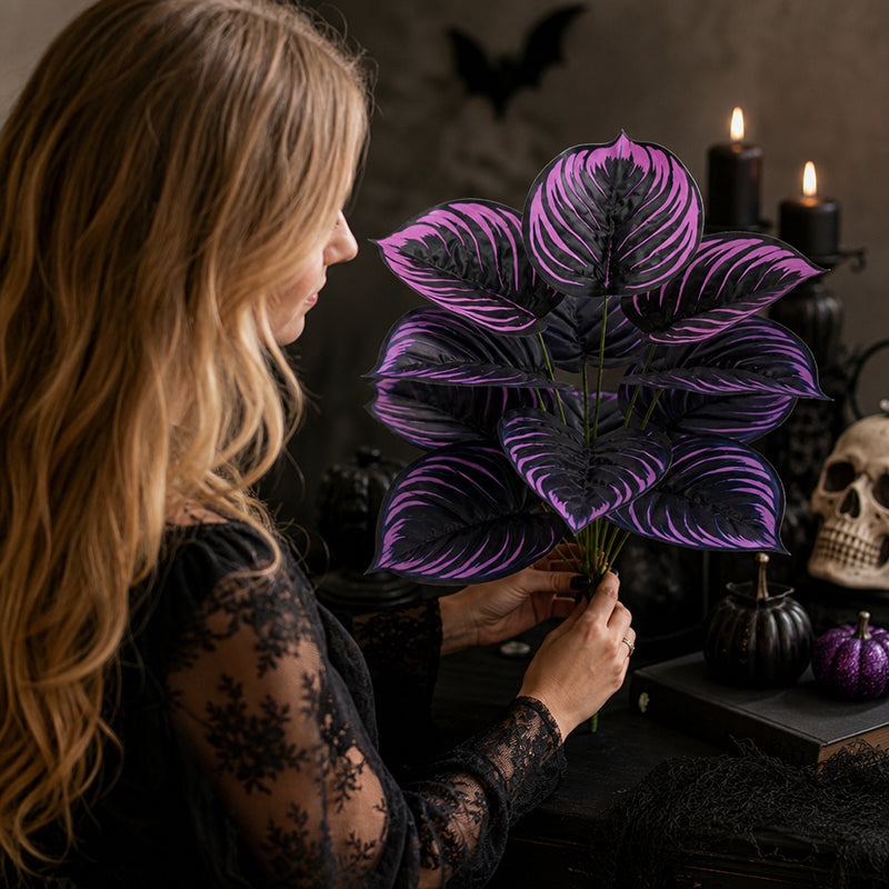 Artificial Purple Calathea Plant – Gothic Fall & Halloween Faux Plant