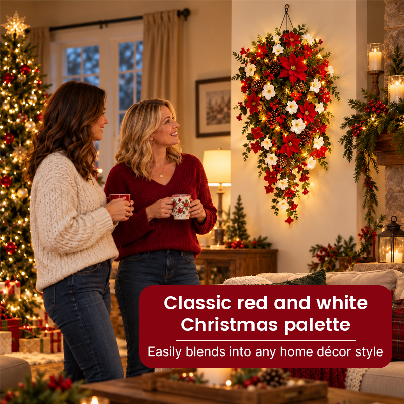Lighted Cascading Christmas Floral Wreath