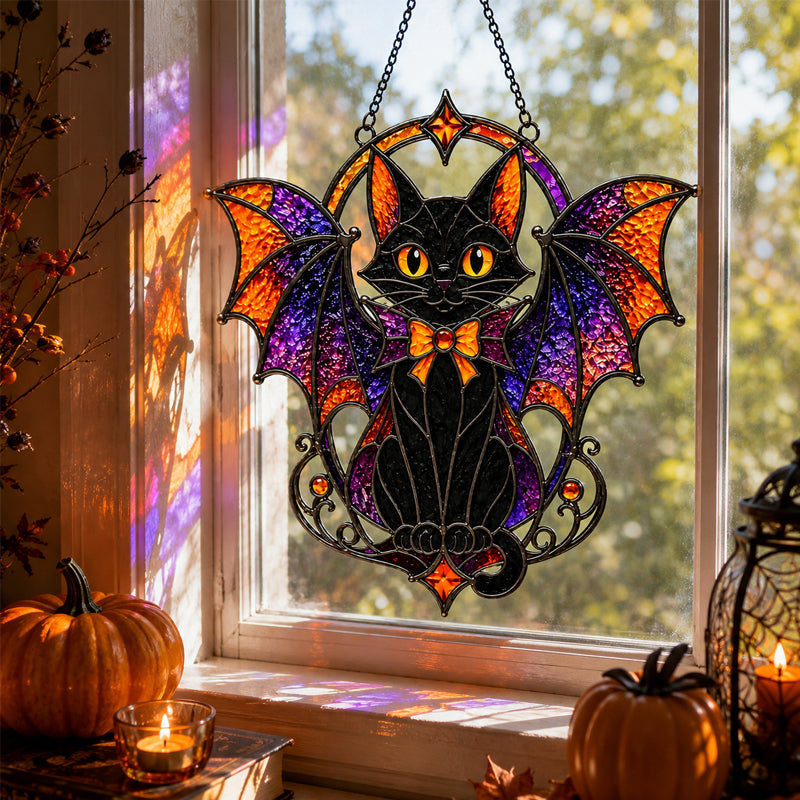 Halloween Bat Cat Stained Glass Suncatcher – Gothic Window Hanging Decor