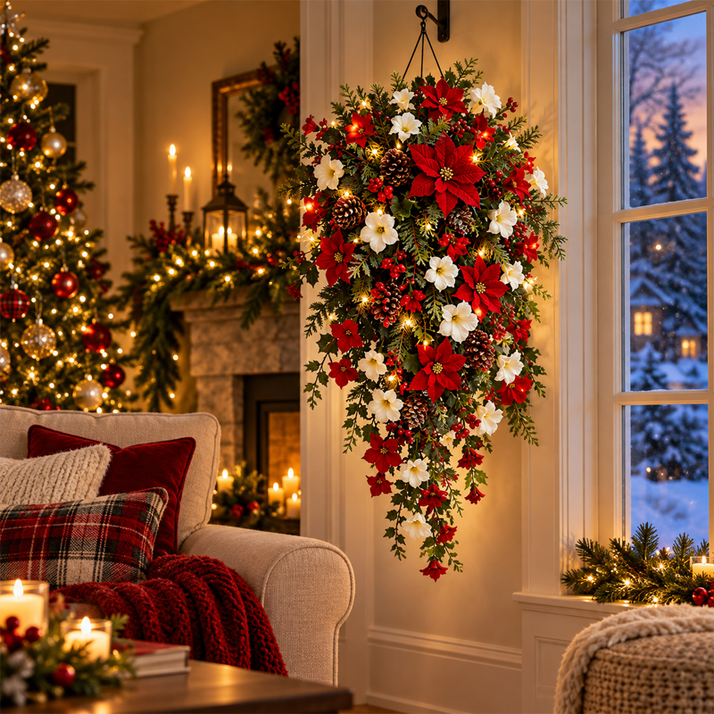 Lighted Cascading Christmas Floral Wreath