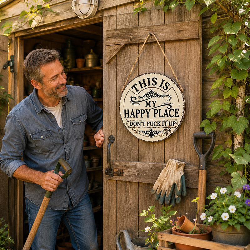 Retro-rustic humorous welcome sign | "This is my happy place" round metal decorative doorplate