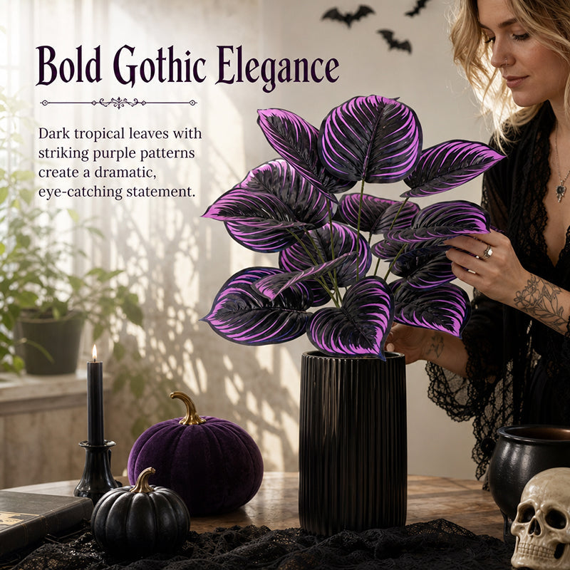 Artificial Purple Calathea Plant – Gothic Fall & Halloween Faux Plant