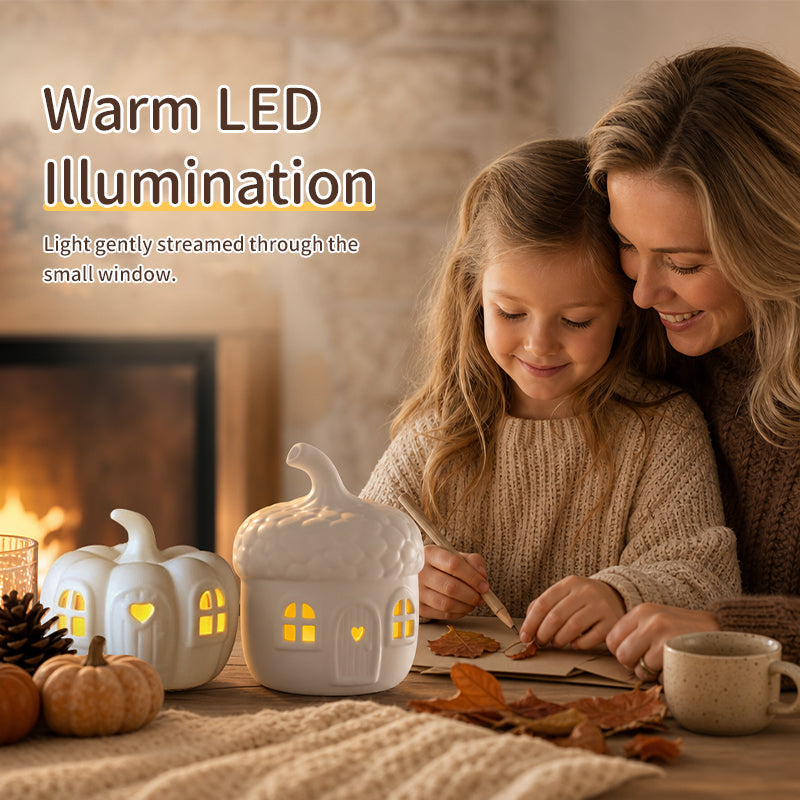 Luminous Pumpkin Acorn House Set – Cozy Halloween LED Tabletop Decor