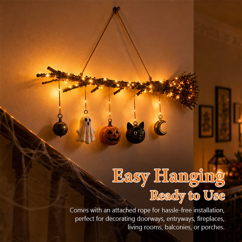 🎃 Halloween Luminous Witch Broom Wall Hanging Decor 🧹