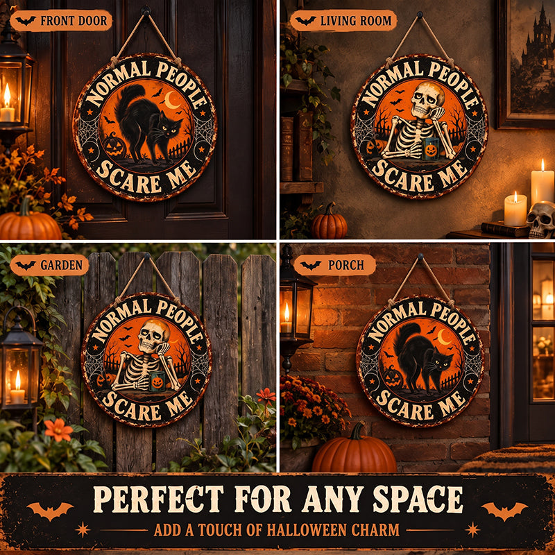 Vintage Halloween Humorous Sign – Skeleton Black Cat Dark Humor Door Decor