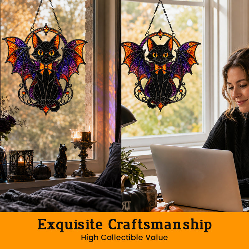 Halloween Bat Cat Stained Glass Suncatcher – Gothic Window Hanging Decor