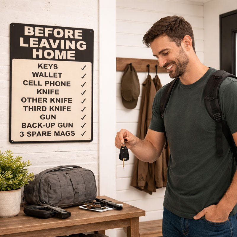 👉 Pre-departure checklist: Keys, wallet, phone... and various weapons! 😄