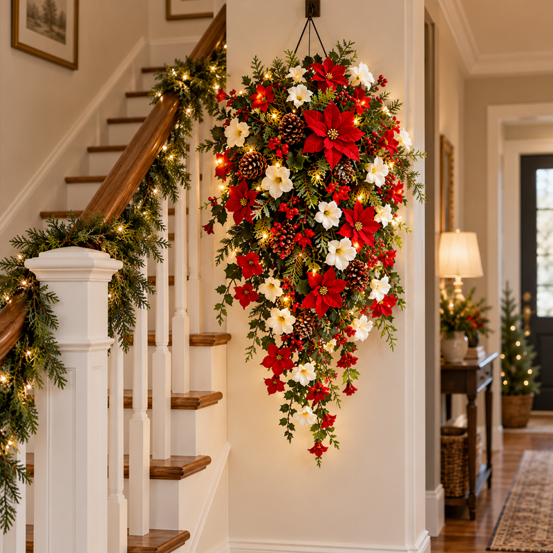 Lighted Cascading Christmas Floral Wreath