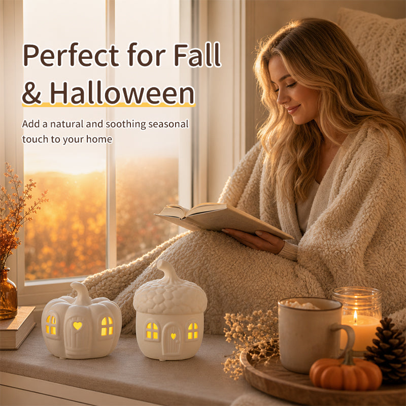 Luminous Pumpkin Acorn House Set – Cozy Halloween LED Tabletop Decor