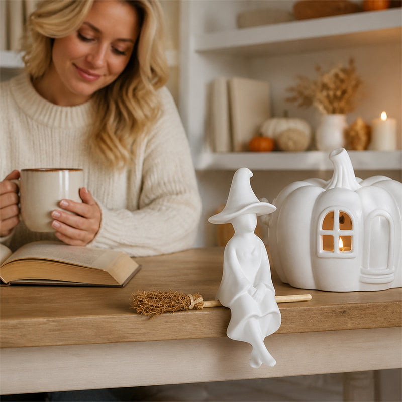 Witch Figurine - Cozy Halloween Fireplace & Bookshelf Decor