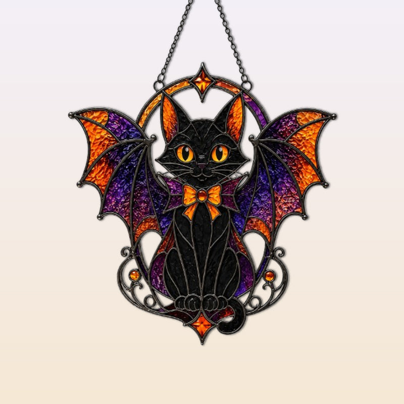 Halloween Bat Cat Stained Glass Suncatcher – Gothic Window Hanging Decor