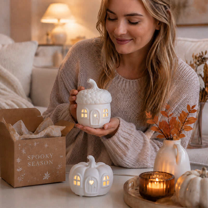 Luminous Pumpkin Acorn House Set – Cozy Halloween LED Tabletop Decor