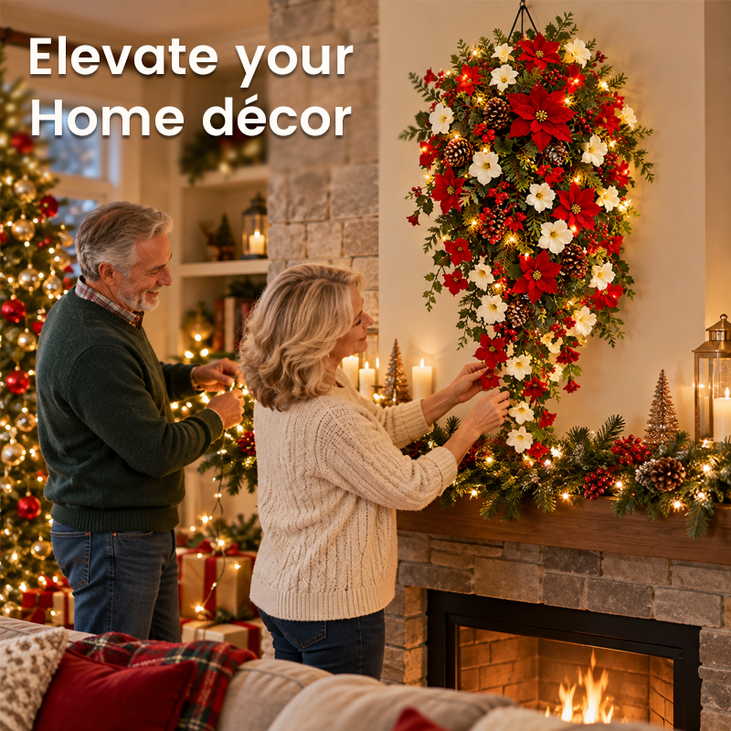 Lighted Cascading Christmas Floral Wreath