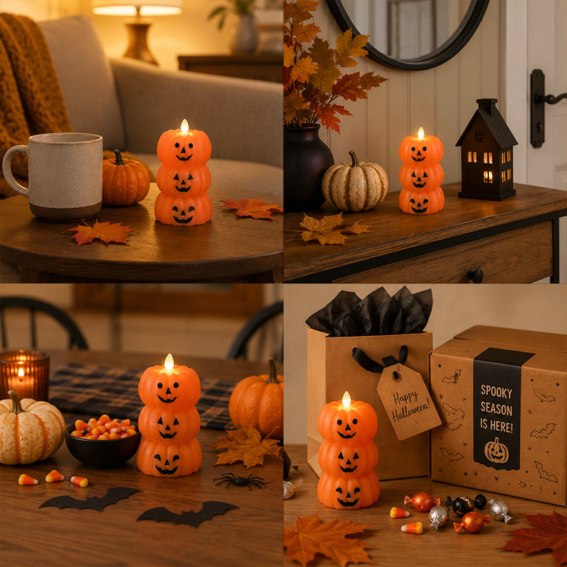 Spooky Stacked Pumpkin LED Candle Light - Early Halloween Decor & Gift
