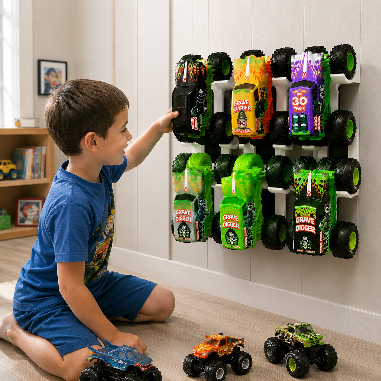 Monster Truck Wall Display Rack – Toy Vehicle Storage Organizer for Kids & Collectors