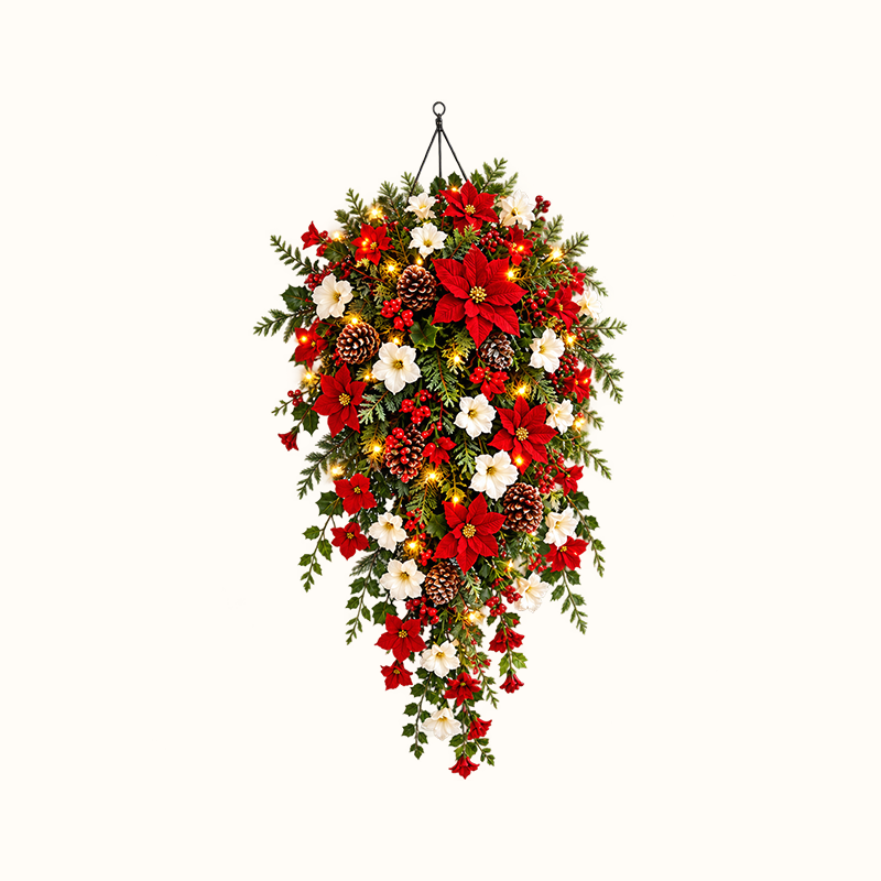 Lighted Cascading Christmas Floral Wreath