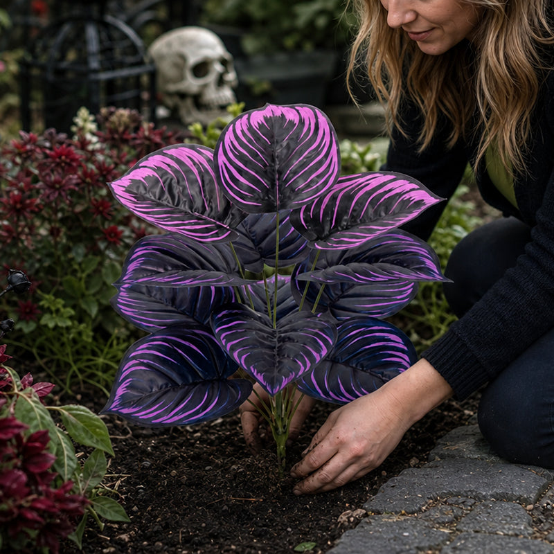 Artificial Purple Calathea Plant – Gothic Fall & Halloween Faux Plant