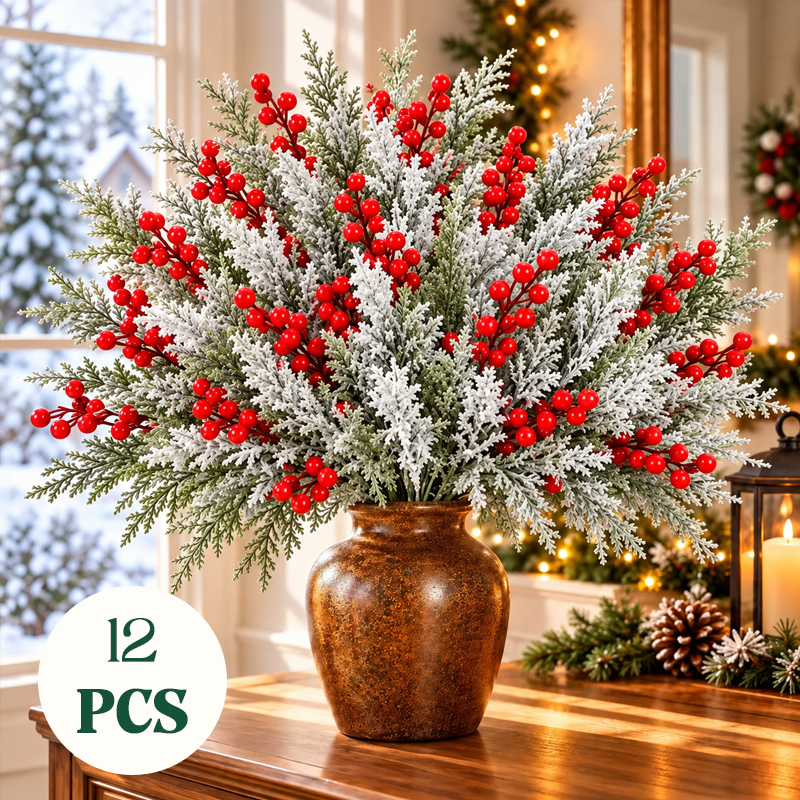 Frosted Pine and Red Berry Christmas Sprigs