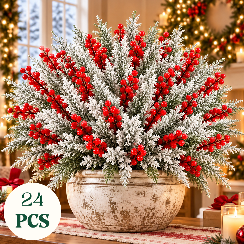 Frosted Pine and Red Berry Christmas Sprigs